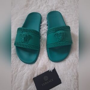 Versace Teal Green Medusa Slide Sandals